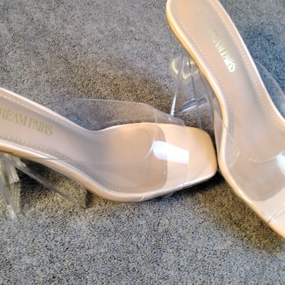 Dream Pairs Womens Clear Strap Heels Size 7.5 Nude Mules Square Toe Block Sandal - Picture 1 of 11